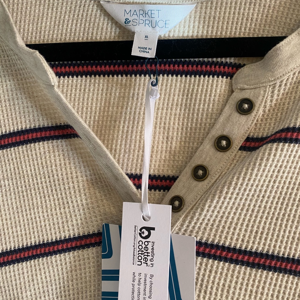 Market & Spruce Women's Waffle Knit Henley Shirt Tan With Stripes Long Sleeve — image 4 of 8